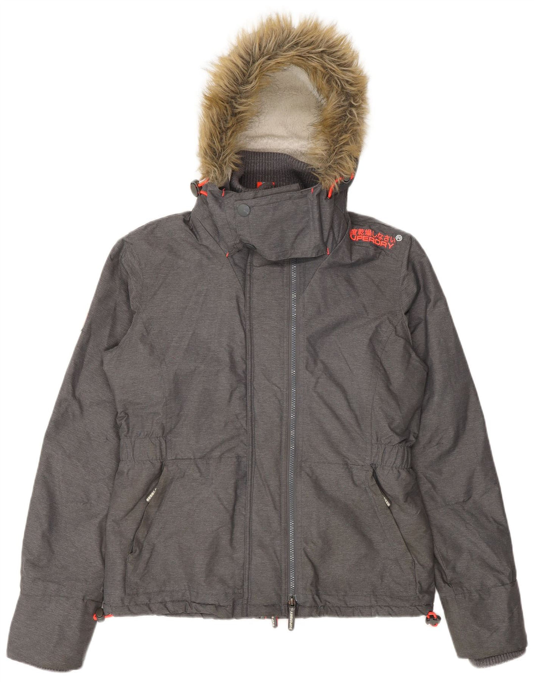 Superdry Damen-Windbreakerjacke mit Kapuze, UK 16, Größe L, graues Nylon