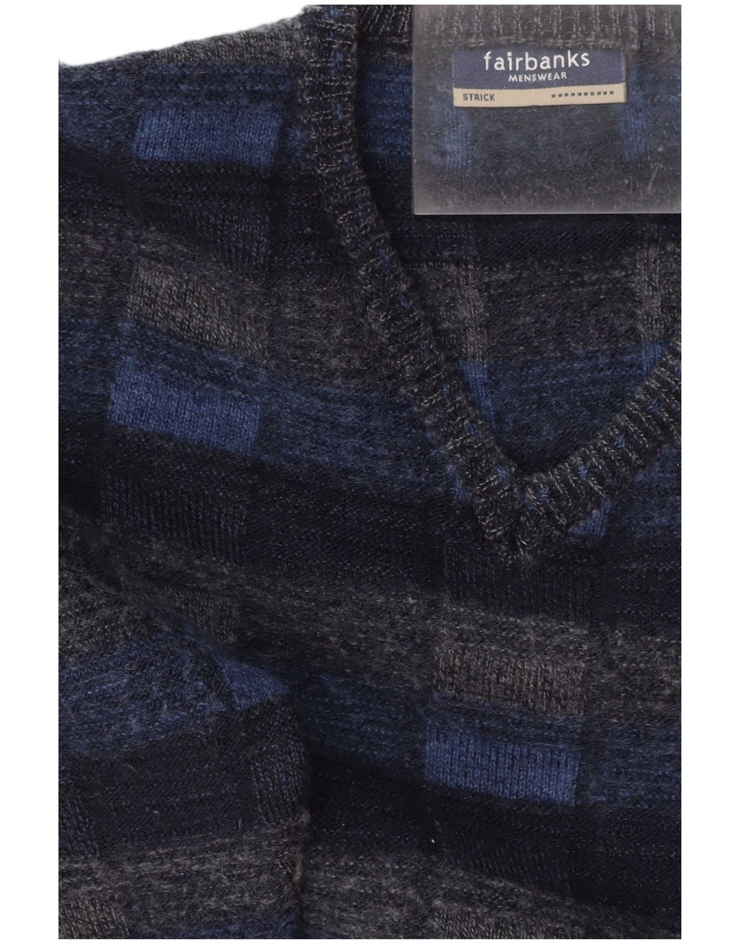 FAIRBANKS Herren-Pullover mit V-Ausschnitt IT 56 XL Marineblau karierte Schurwolle