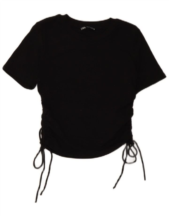 Zara Damen Crop Bluse Top UK 12 Medium Schwarz Polyester