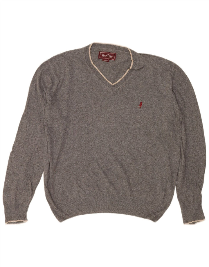 Marlboro Classics Herren-Pullover mit V-Ausschnitt aus mittelgrauer Baumwolle