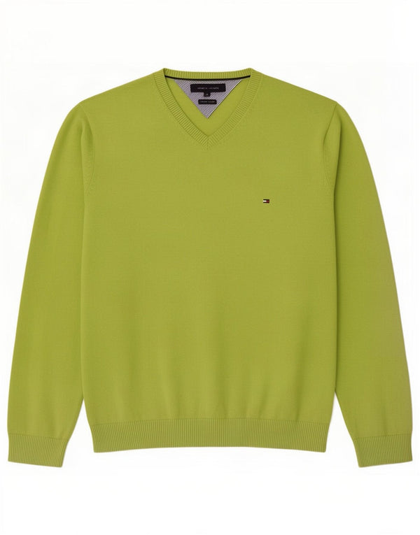 Tommy Hilfiger Mens V-Neck Jumper Sweater XL Green Cotton