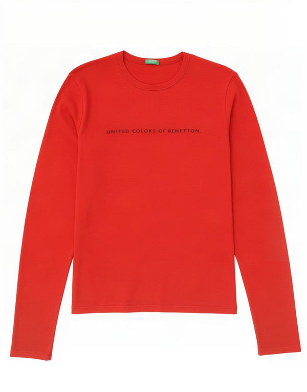 Benetton Womens Graphic Top Long Sleeve UK 12 Medium Red Cotton