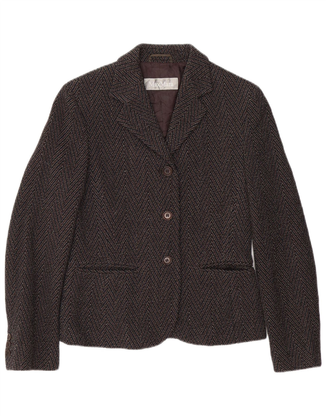 Max Mara Damen-Blazerjacke mit 3 Knöpfen, Gr. 8, Braun, Chevron-Wolle