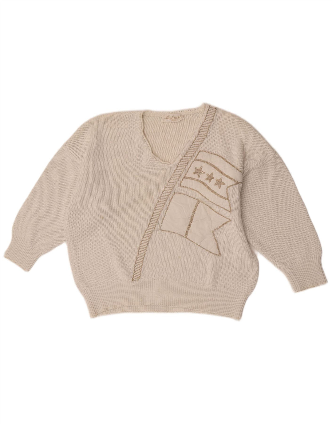 Vintage Damen Pullover mit grafischem V-Ausschnitt, Gr. 14, Mittelweiß