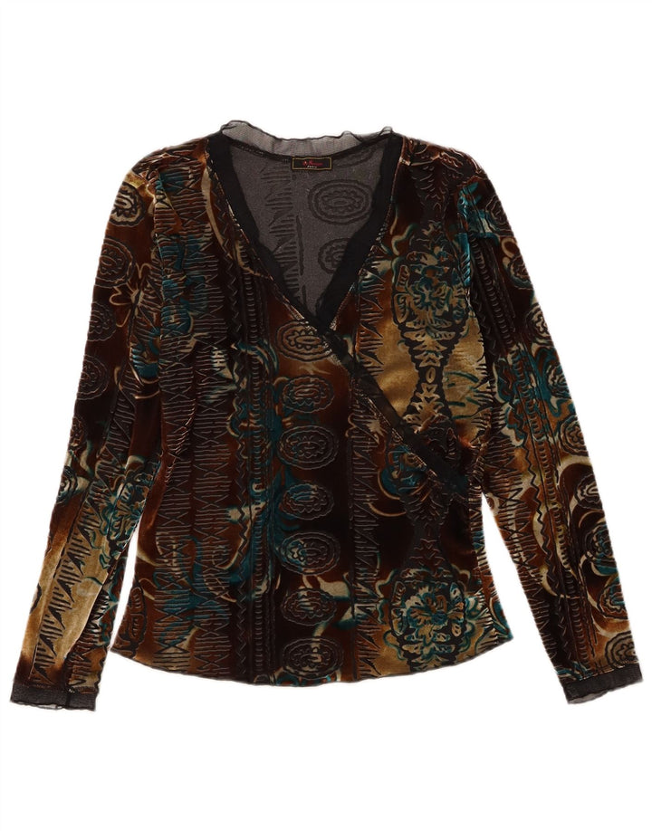 Vintage Damen Samt Top Langarm UK 6 XS Bunt geblümt