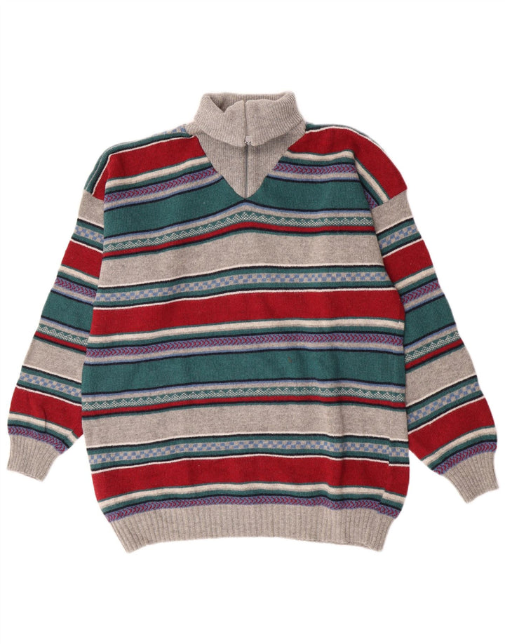 Vintage Herren-Pullover mit Reißverschluss, groß, mehrfarbig, gestreift, Lammwolle