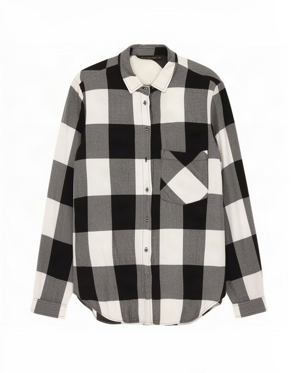 Zara Damen Longline-Flanellhemd UK 12 Medium Black Gingham Viscose