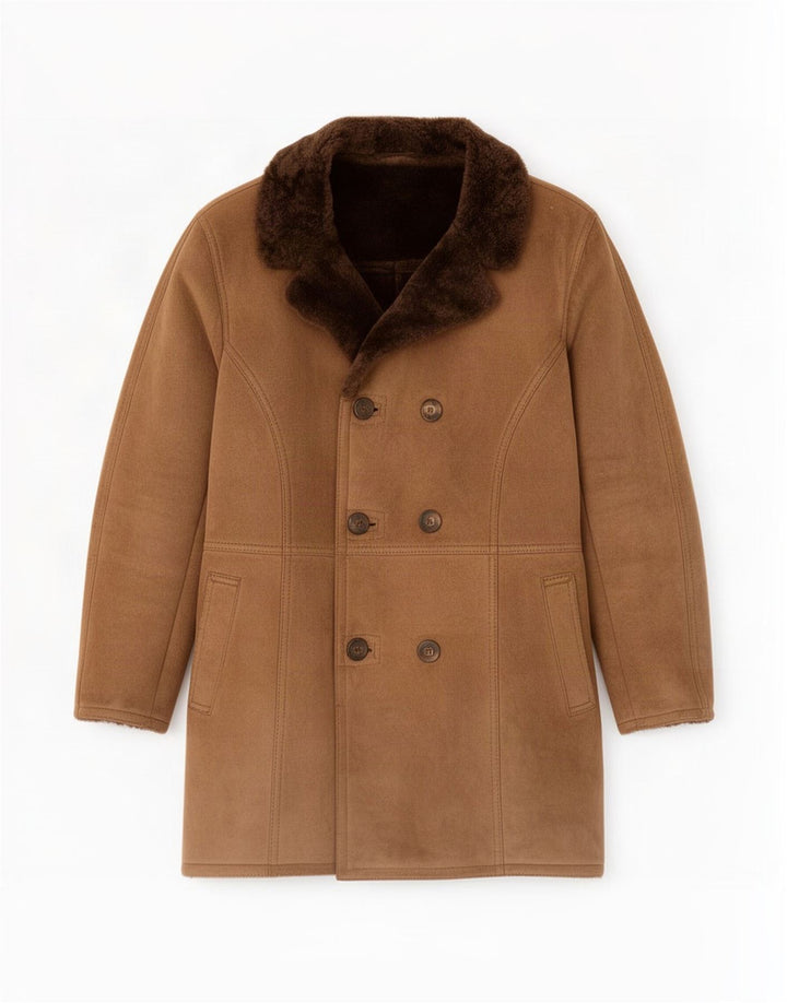 Vintage Herren Loose Fit Shearling Zweireihiger Mantel IT 46 Small Brown