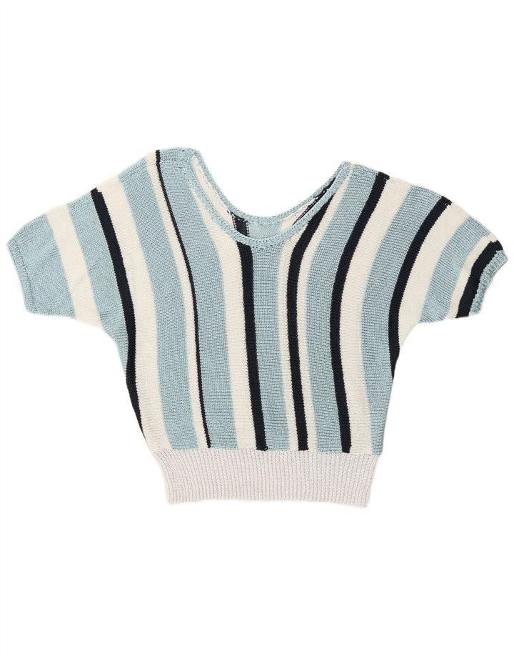 Vintage Damen V-Ausschnitt Pullover Pullover UK 12 Mittelblau gestreift Retro