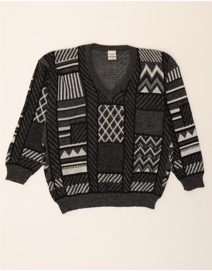 VINTAGE Mens V-Neck Jumper Sweater Large Grey Geometric Acrylic Vintage Vintage and Second-Hand Vintage from Messina Hembry 