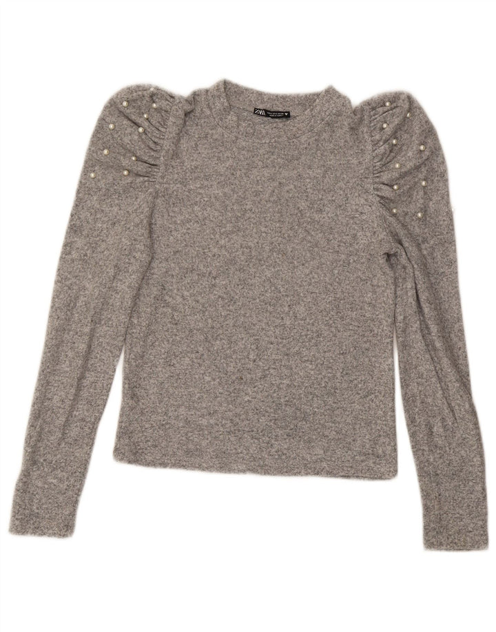 Zara Damen Crop Top Langarm UK 10 Small Grau
