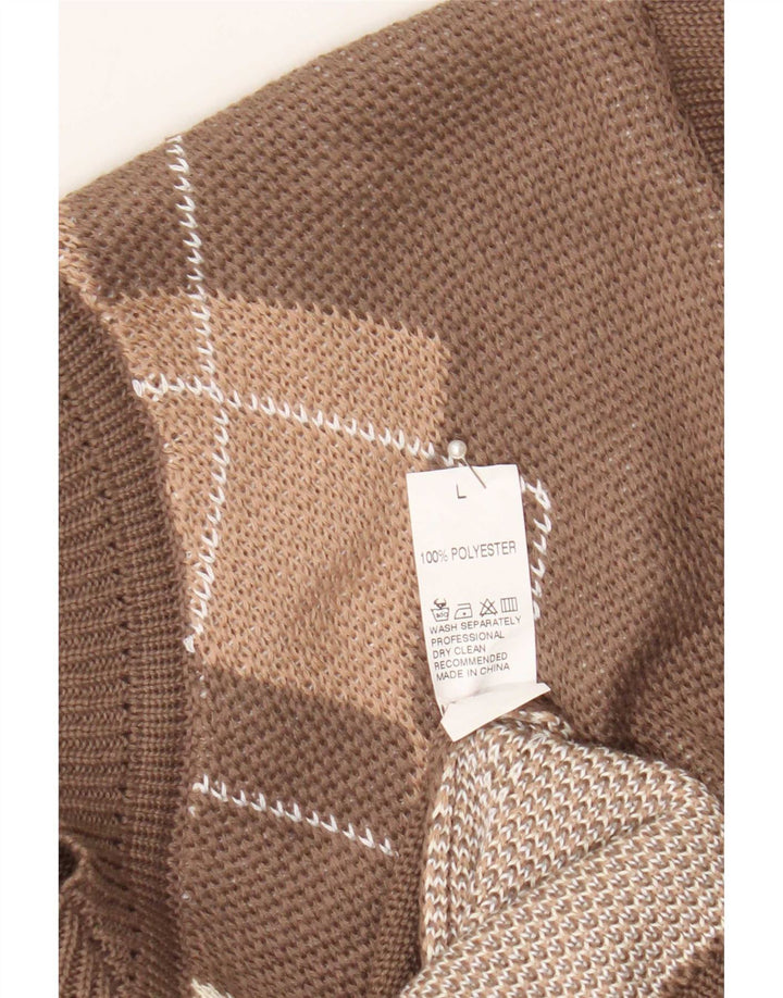 Vintage Damen Pullover mit V-Ausschnitt, groß, braun, Argyle/Diamant-Polyester