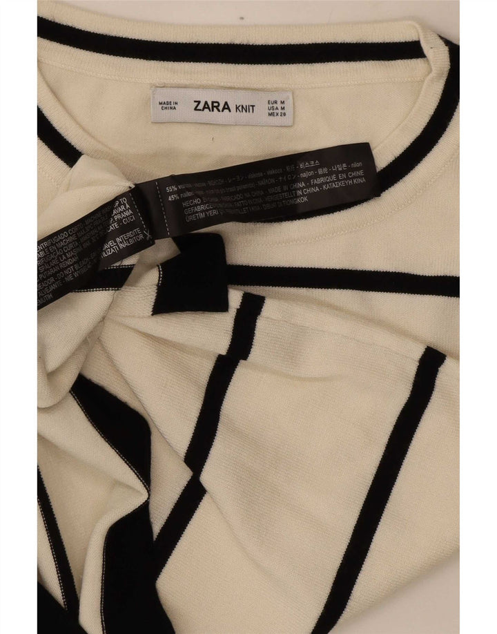 Zara Damen T-Shirt Top UK 12 Mittelweiß gestreift Viskose