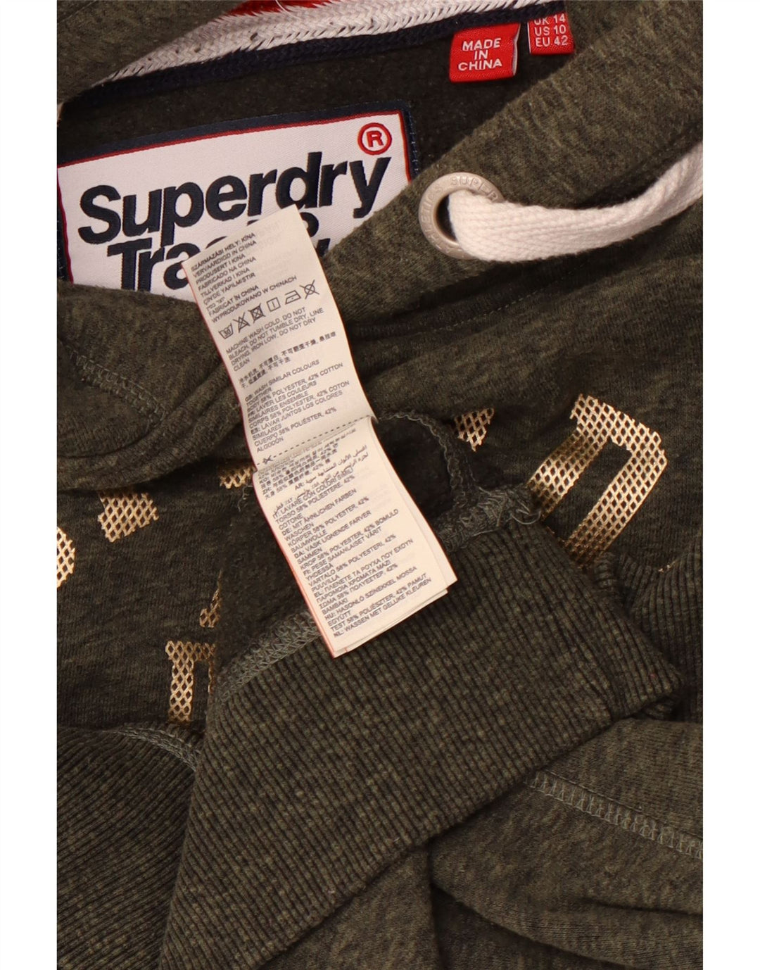 SUPERDRY Leichtathletik-Kapuzenpullover für Damen, UK 14, Größe L, Khaki meliert
