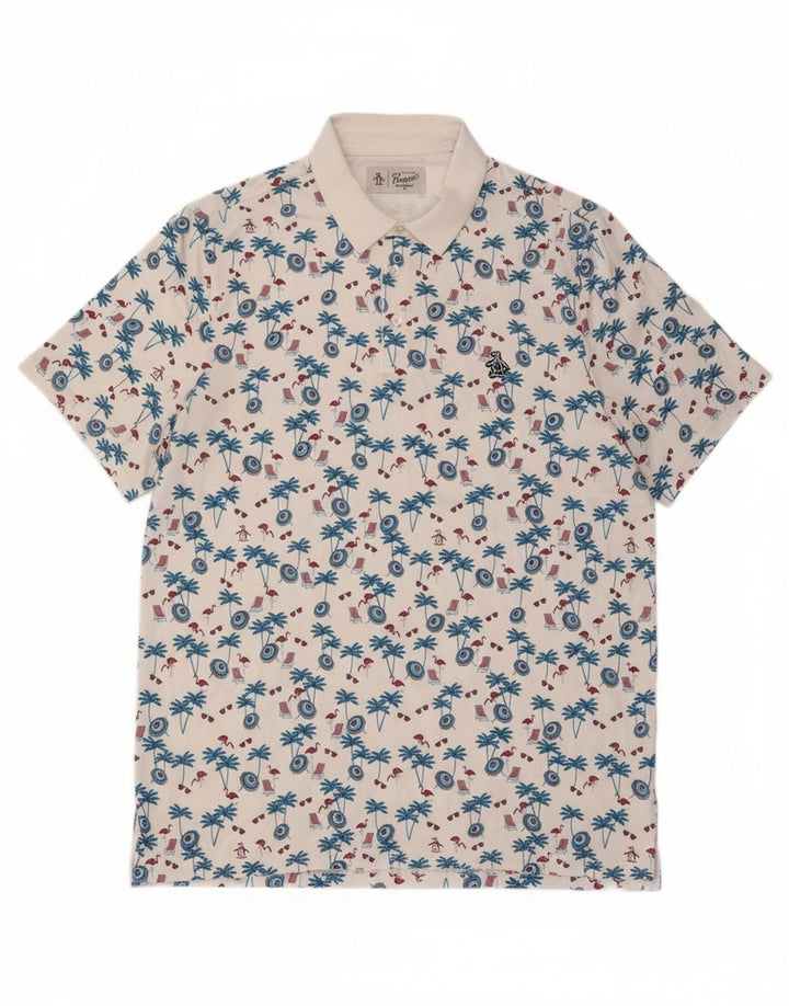 PENGUIN Mens Graphic Polo Shirt Large White Polyester Hawaiian Vintage Penguin and Second-Hand Penguin from Messina Hembry 