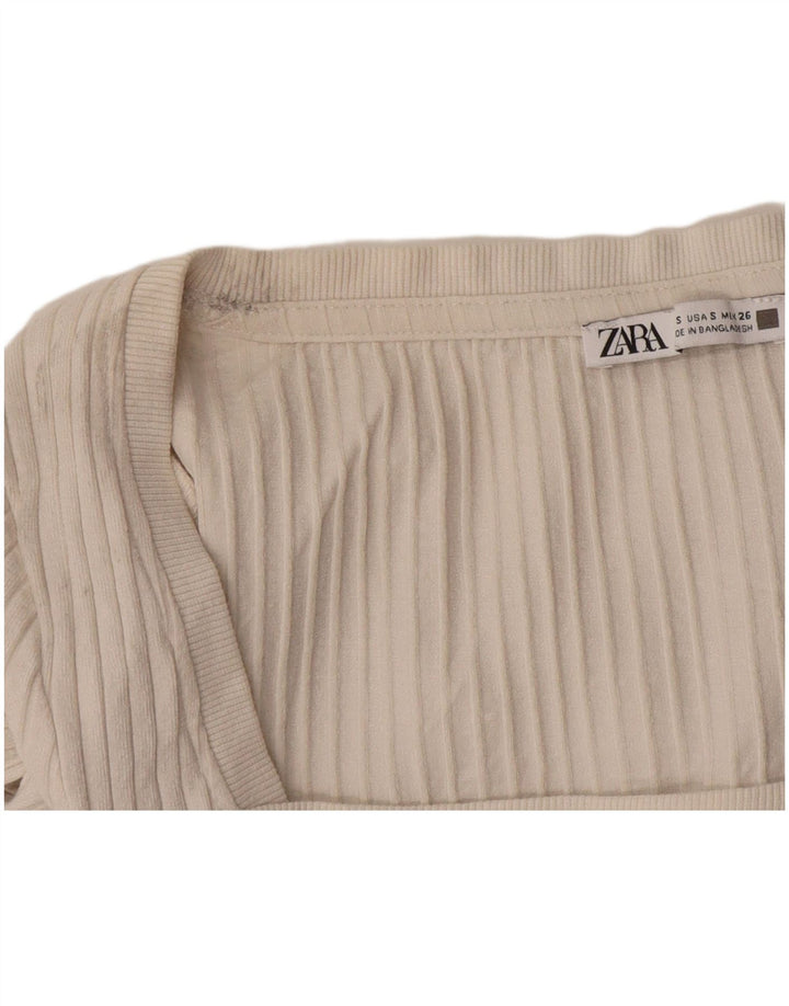 Zara Damen Crop Top Langarm UK 10 Small Beige