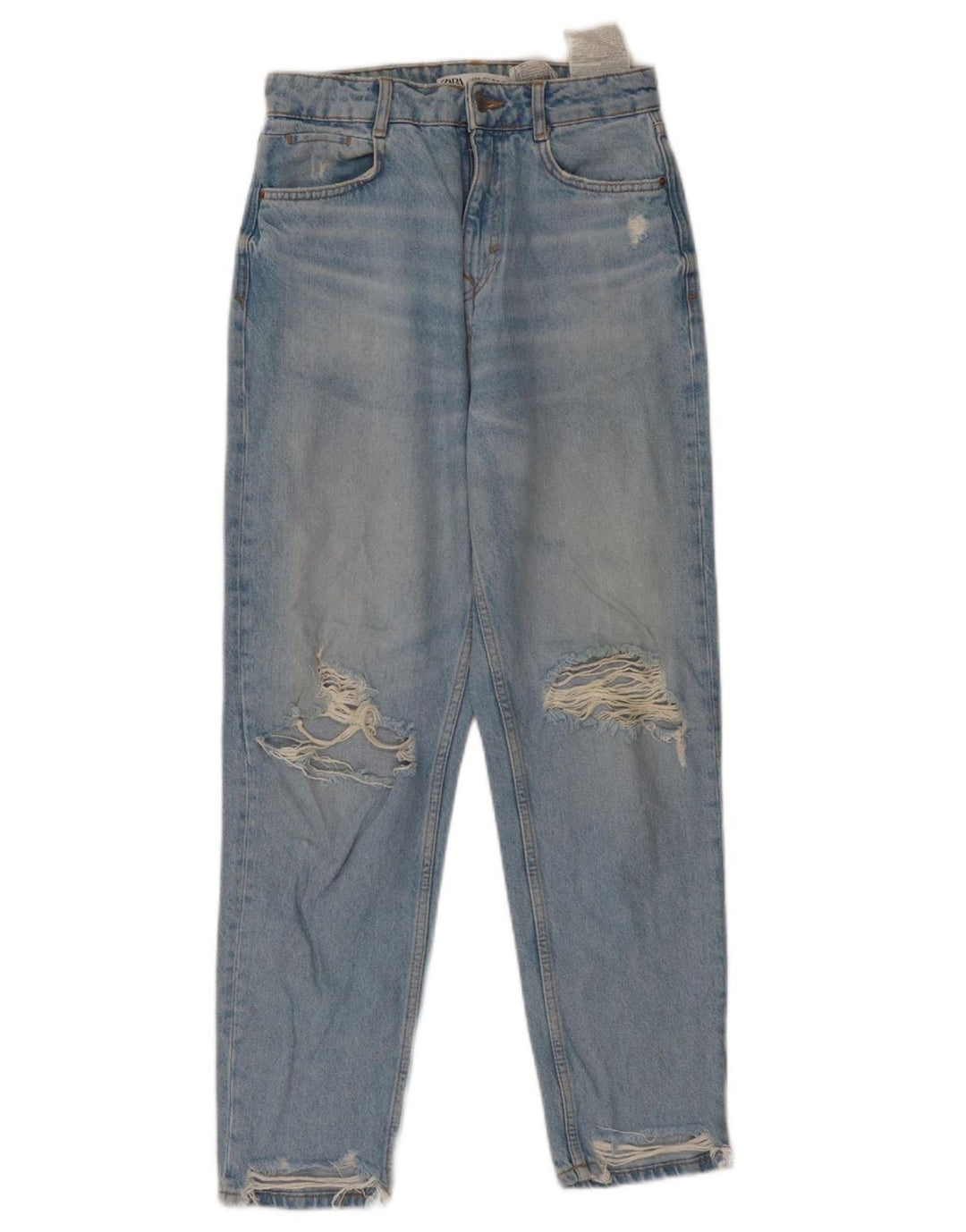 ZARA Damen Distressed High Waist Tapered Jeans EU 36 XS W26 L27 Blau