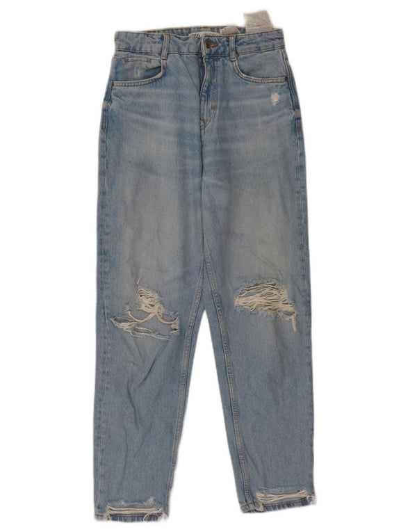 ZARA Damen Distressed High Waist Tapered Jeans EU 36 XS W26 L27 Blau