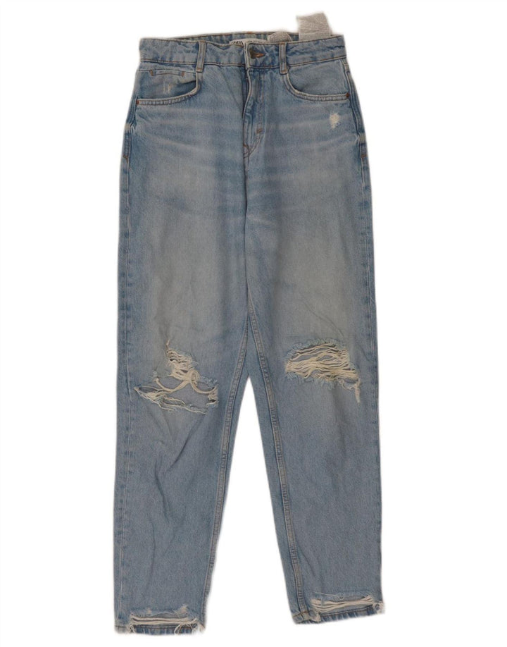 ZARA Damen Distressed High Waist Tapered Jeans EU 36 XS W26 L27 Blau