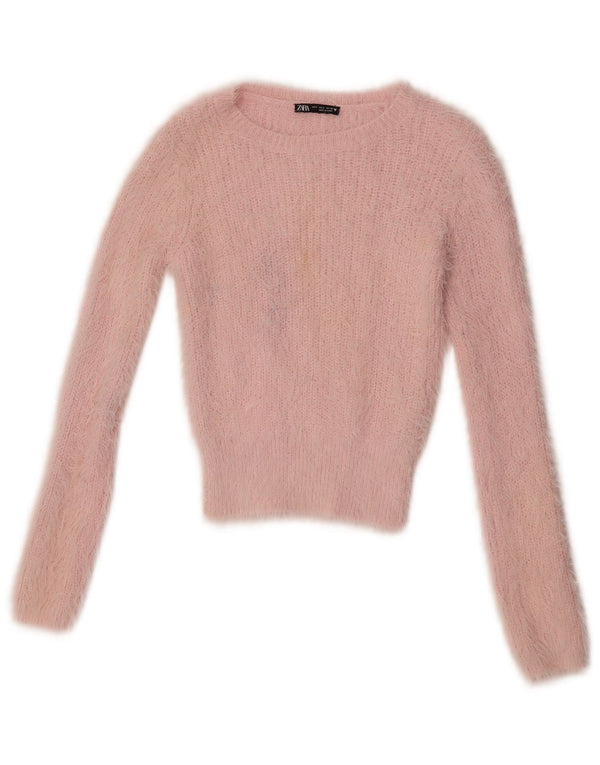 Zara Damen Crop-Pullover mit U-Boot-Ausschnitt, Gr. 8, klein, rosa Nylon