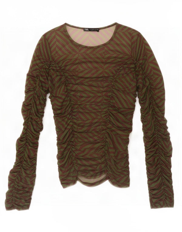 Zara Damen Top Langarm UK 8 Small Grün Geometrisch