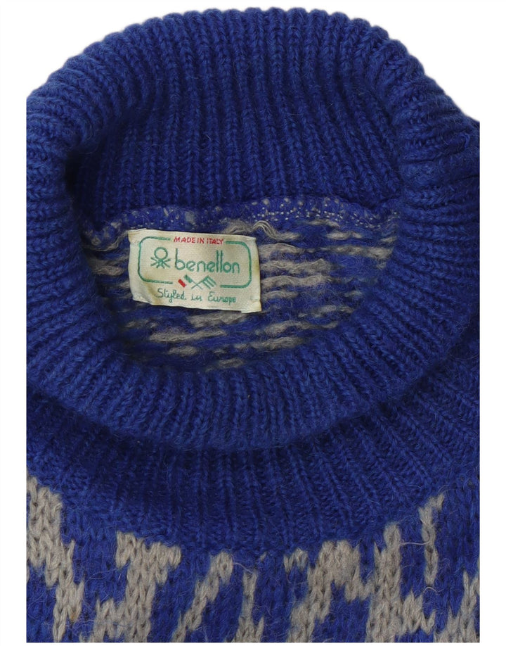 Benetton Womens Roll Neck Jumper Sweater UK 16 Large Blue Geometric