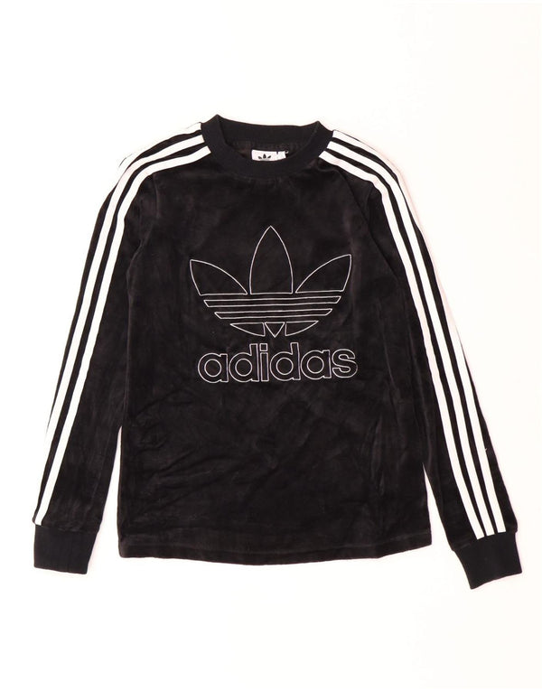 Adidas Damen Velour Graphic Top Langarm UK 4 XS Schwarz Baumwolle