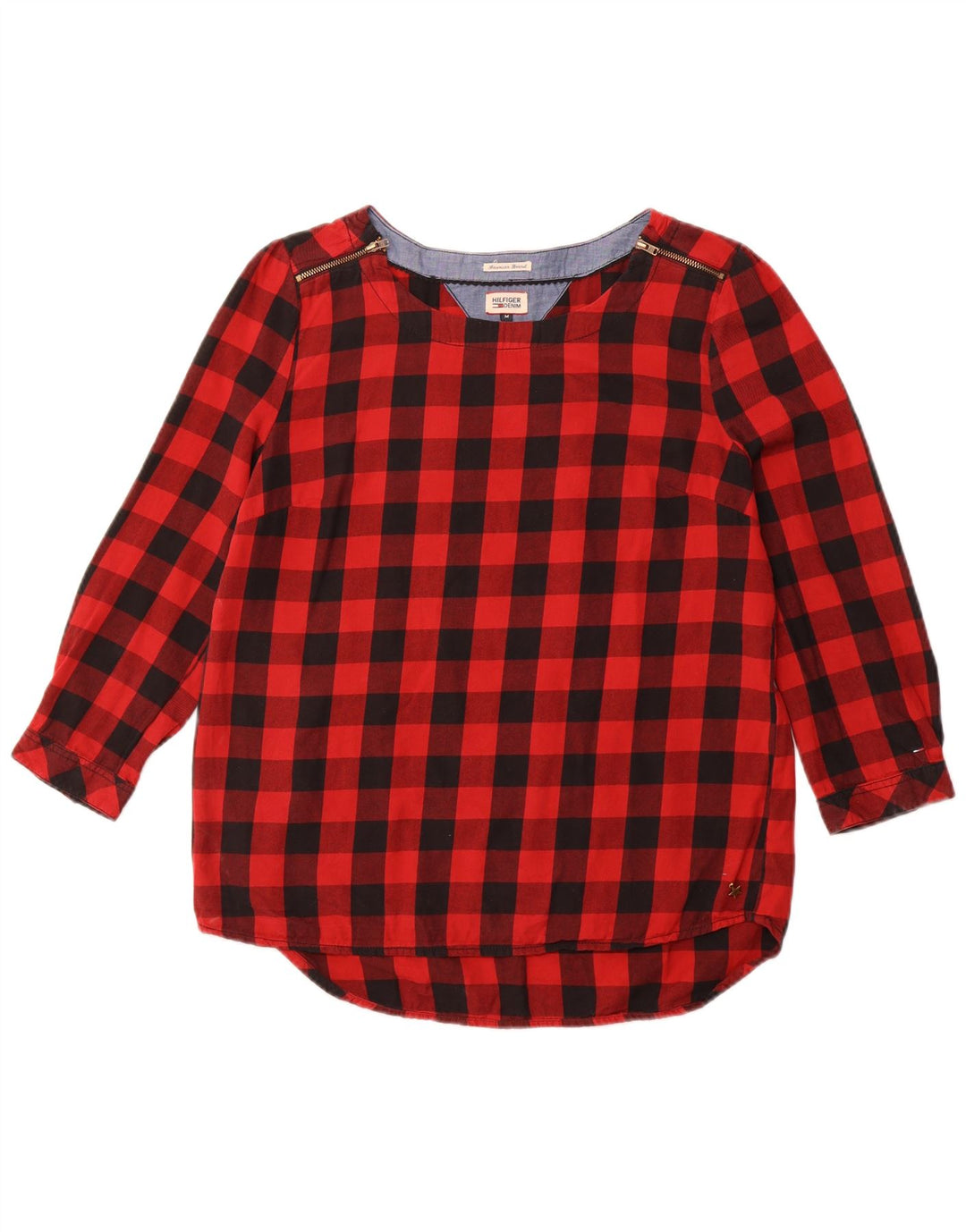 TOMMY HILFIGER Womens 3/4 Sleeve Blouse Top UK 14 Medium Red Check Cotton