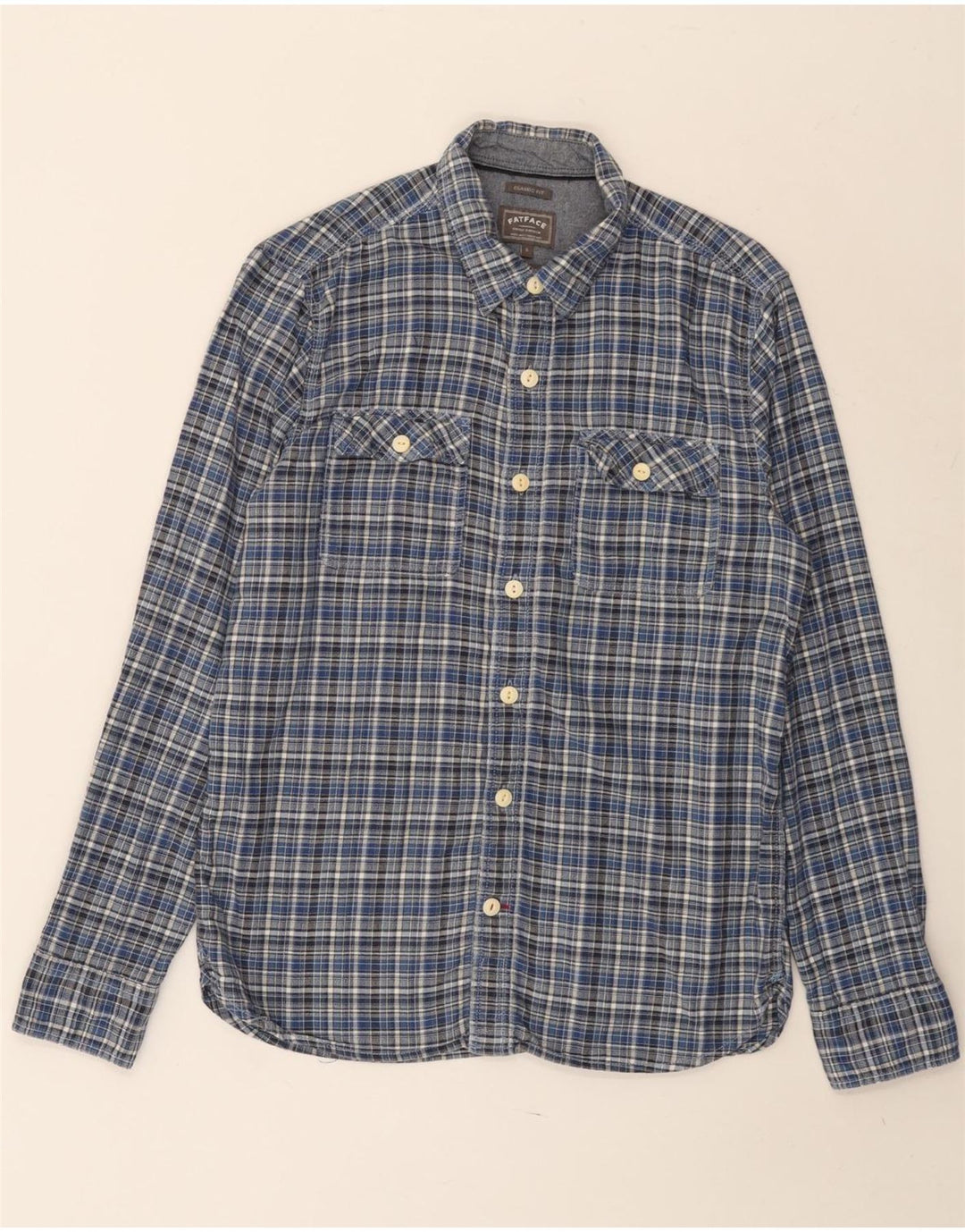 FAT FACE Herren-Flanellhemd mit klassischer Passform, klein, blau kariert, Baumwolle