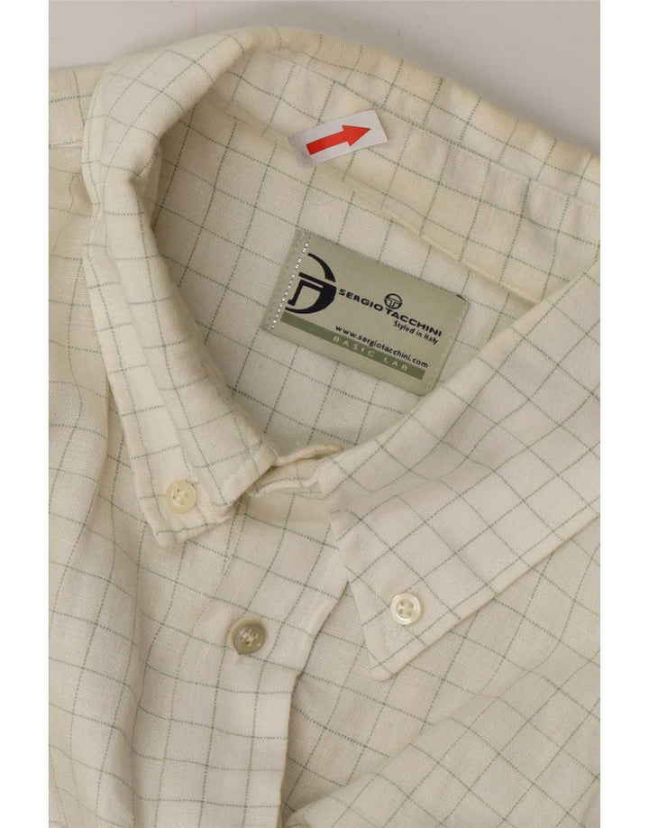 Sergio Tacchini Herrenhemd XL weiß kariertes Leinen