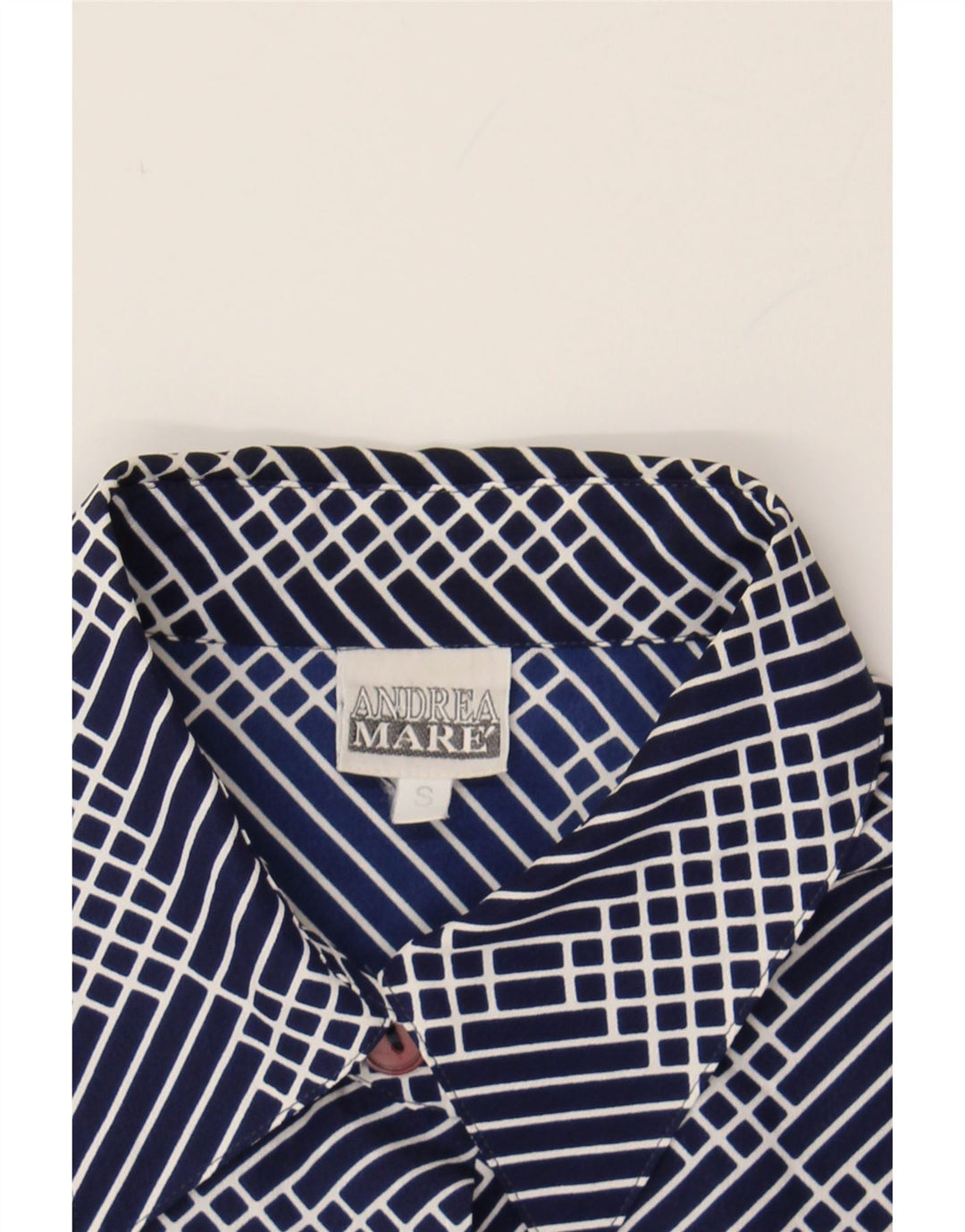ANDREA MARE Womens Short Sleeve Shirt UK 10 Small Navy Blue Geometric Vintage Andrea Mare and Second-Hand Andrea Mare from Messina Hembry 