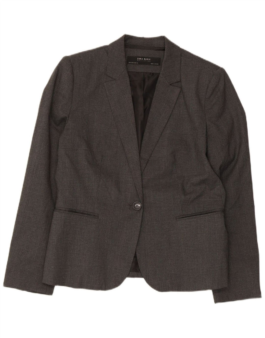 Zara Damen-Blazerjacke mit 1 Knopf, EU 42, großes grau kariertes Polyester