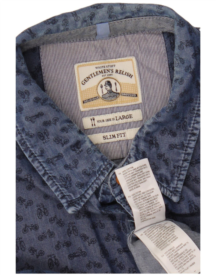 White Stuff Herren-Hemd mit abstraktem Muster, schmale Passform, groß, aus blauer Baumwolle