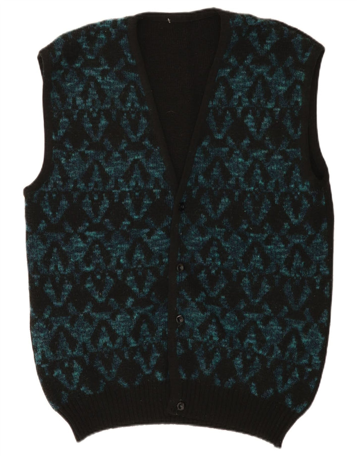 Vintage Herren Ärmelloser Cardigan Pullover Medium Schwarz Geometrisch