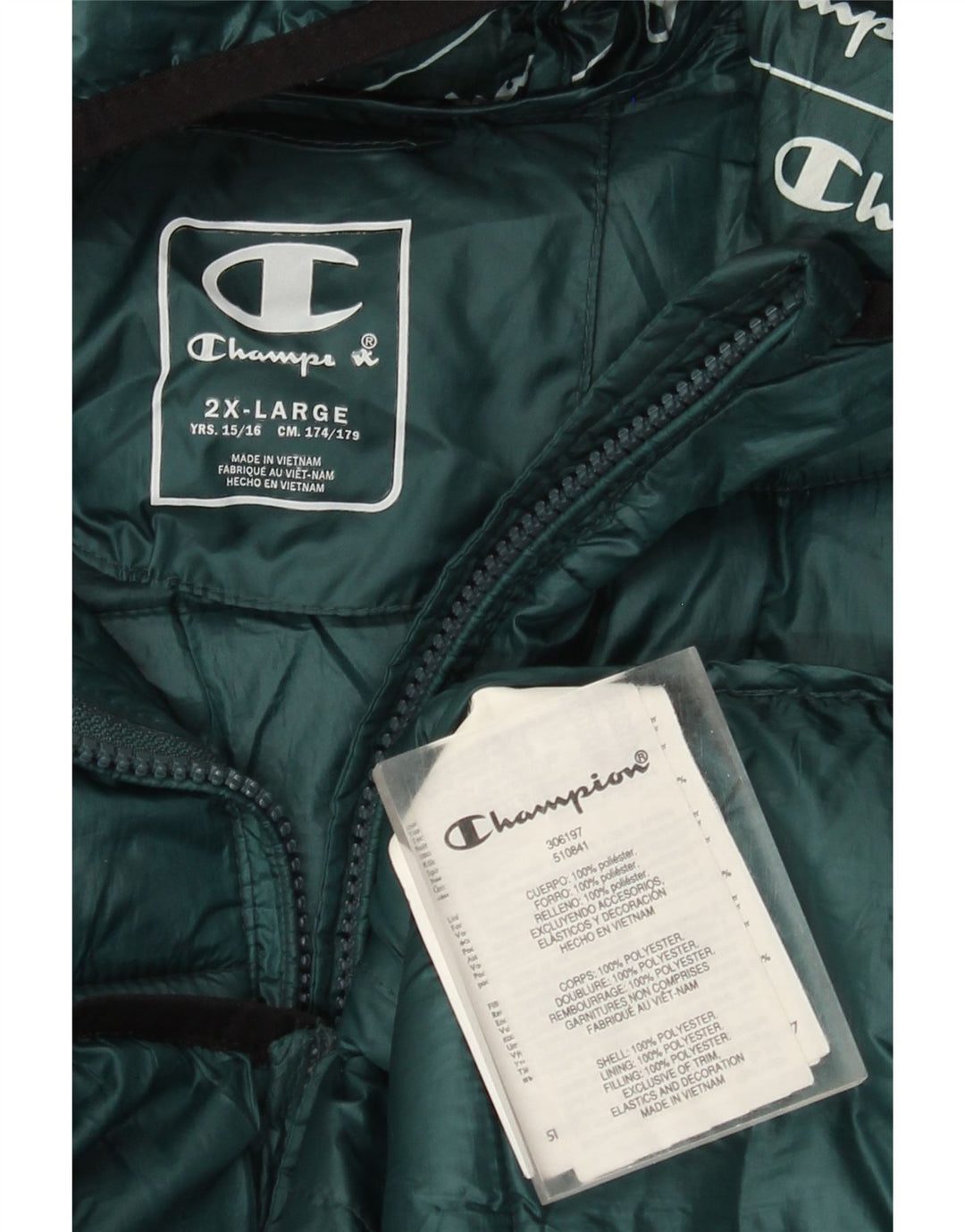 Champion wattierte Jungenjacke mit Kapuze, 15–16 Jahre, 2XL, grünes Polyester