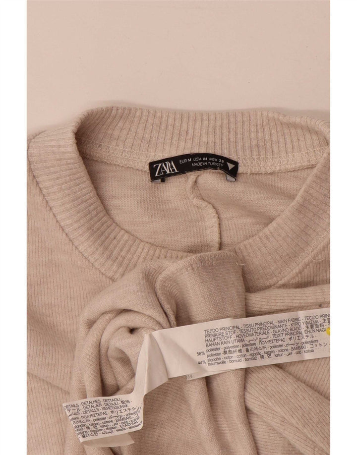 Zara Damen Crop Top Langarm UK 14 Medium Beige Polyester