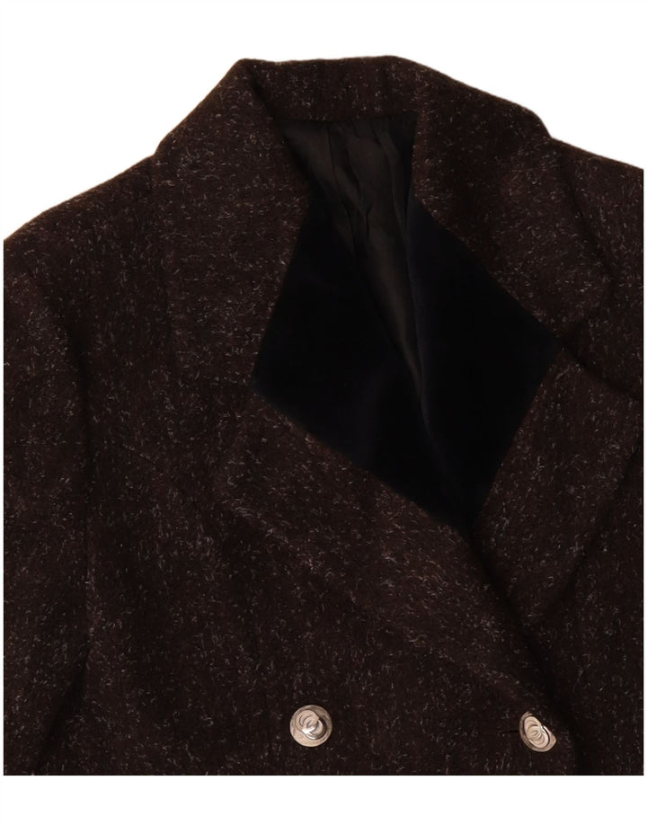 VINTAGE Zweireihiger Damenmantel UK 12 Mittelbraun gesprenkelte Wolle