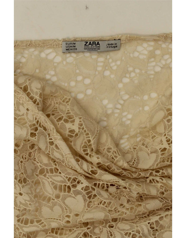 Zara Damen Langarm-Spitzen-Durchsichtiges Top UK 12 Medium Beige Floral