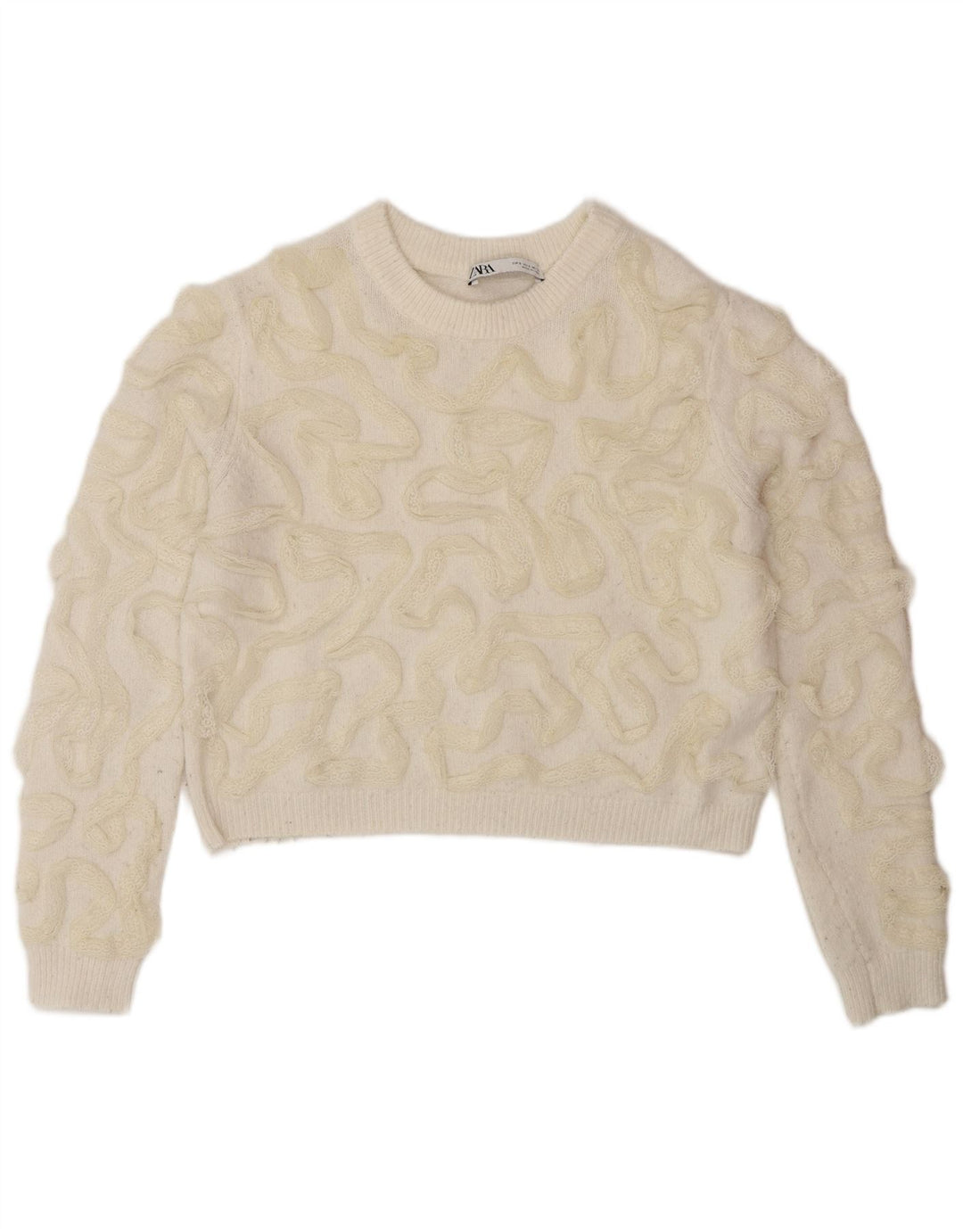 Zara Damen-Pullover mit abstraktem Muster und Rundhalsausschnitt, Gr. 10, Small, gebrochenes Weiß