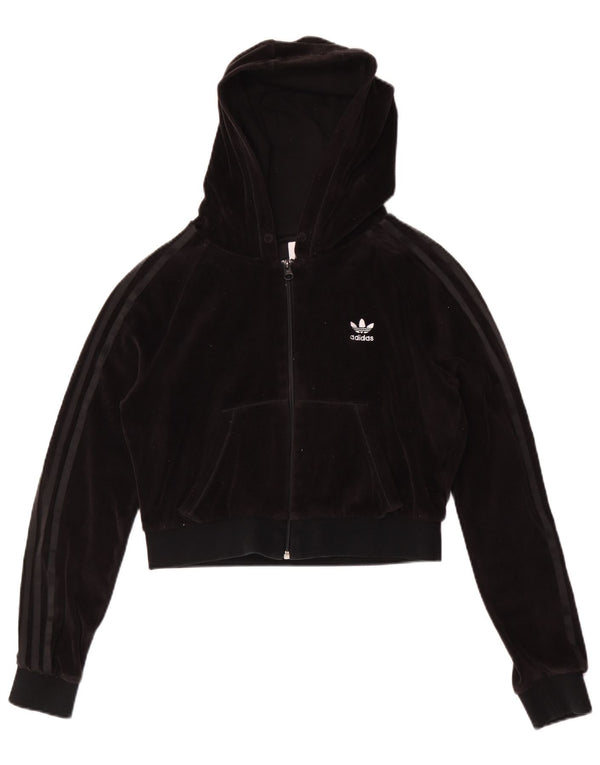 Adidas Damen Crop Velour Zip Hoodie Pullover UK 14 Medium Schwarz