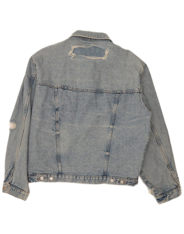 Zara Damen Jeansjacke in Distressed-Optik, übergroß, UK 14, mittelblaue Baumwolle