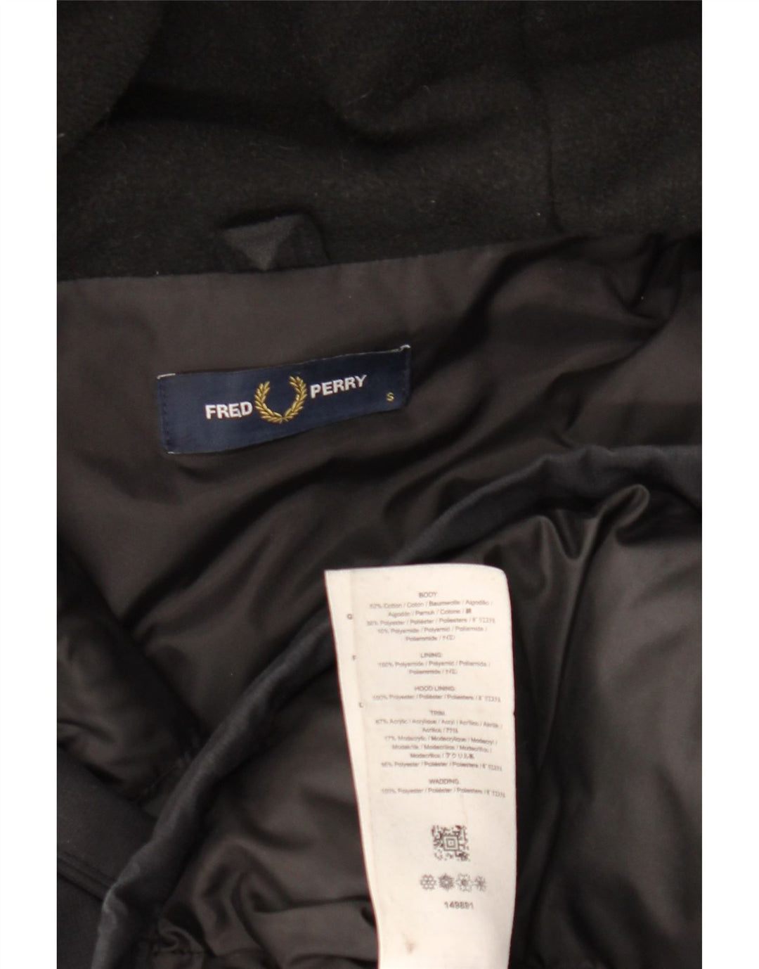 FRED PERRY Herren-Parka mit Kapuze, UK 36, Größe S, schwarze Baumwolle