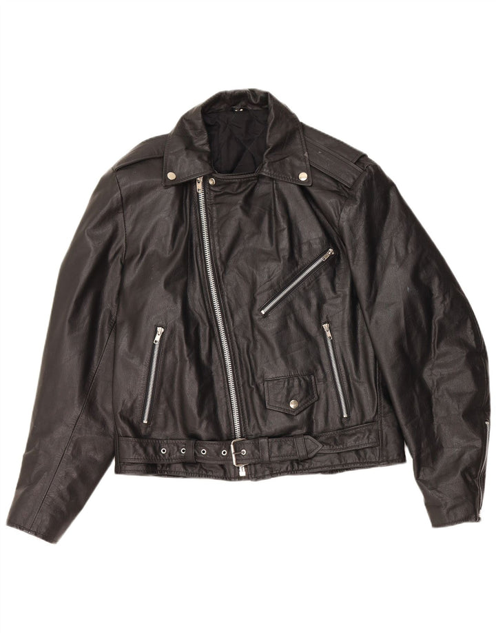 VINTAGE Übergroße Damen-Bikerjacke aus Leder, UK 10, kleines schwarzes Leder