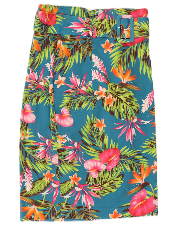 Guess Damen-Rock mit hoher Taille, gerader Rock, UK-Größe 12, Mittel, W26, Blau, Blumenmuster, Baumwolle