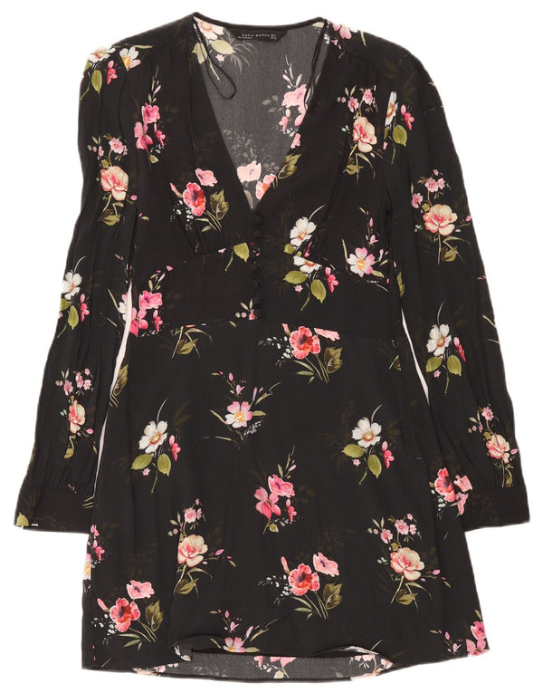 Zara Damen-Langarmkleid in A-Linie, Gr. 40, Größe S, Schwarz, Blumenmuster