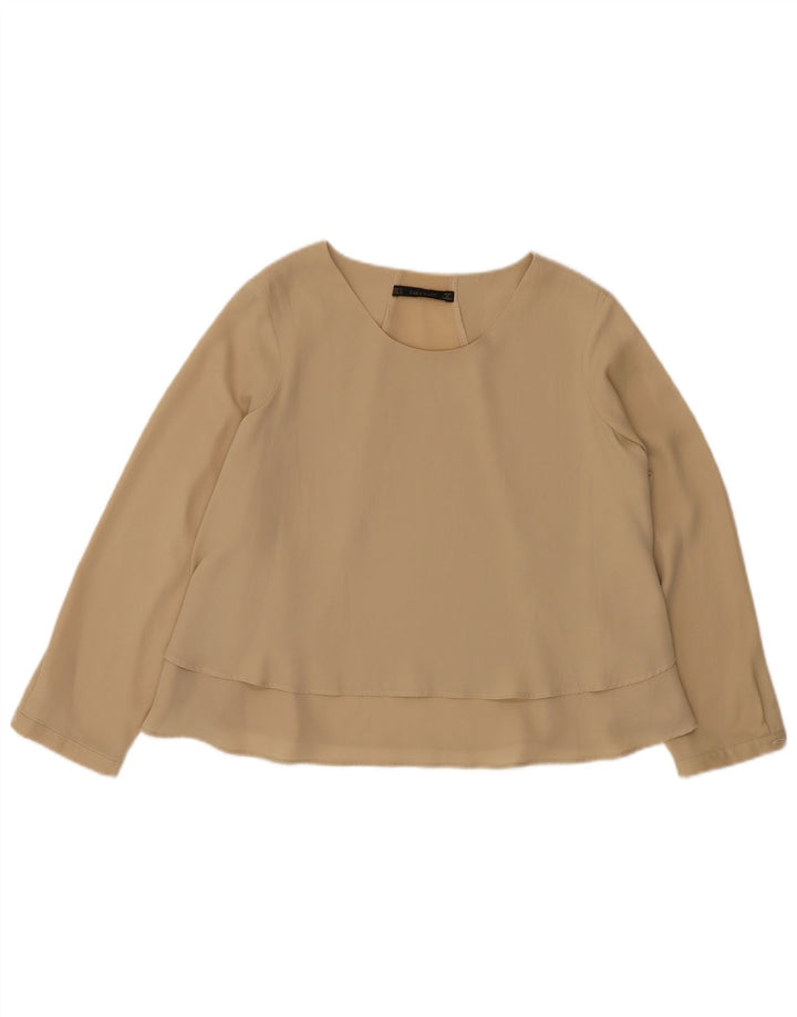 Zara Damen Langarm-Blusenoberteil UK 14 Medium Beige Polyester