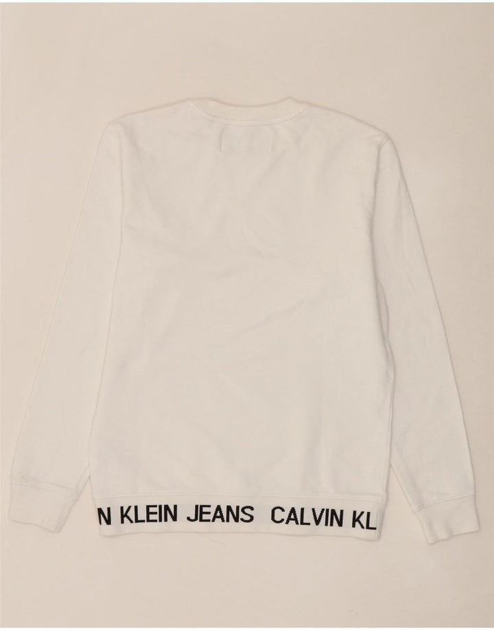 CALVIN KLEIN JEANS Mens Graphic Sweatshirt Jumper Small White Cotton Vintage Calvin Klein Jeans and Second-Hand Calvin Klein Jeans from Messina Hembry 