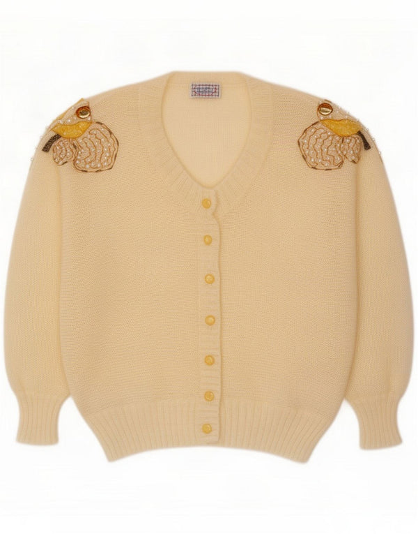 Vintage Damen Grafischer Cardigan Pullover UK 16 Large Off White Mohair