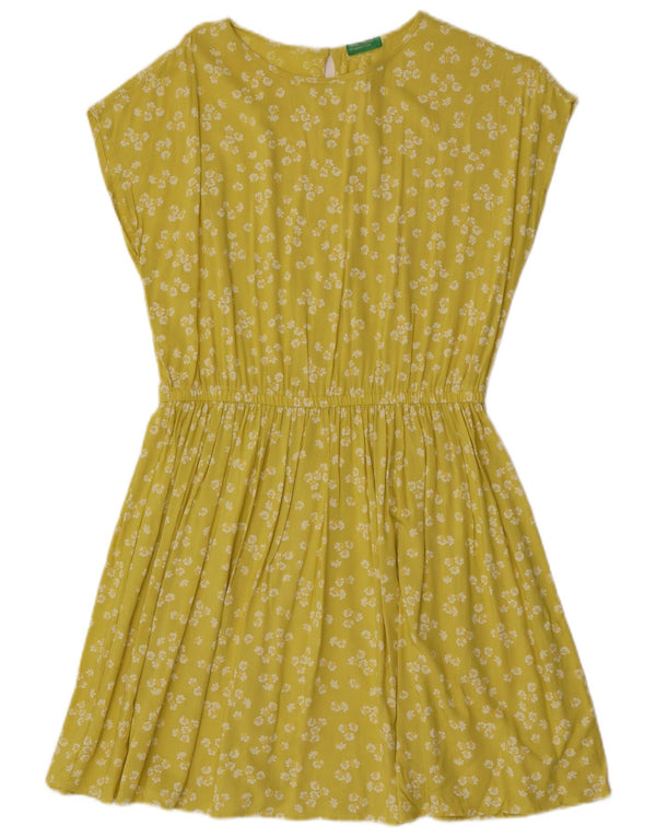 Benetton Damen A-Linien-Kleid UK 14 Mittelgelbes Blumenmuster