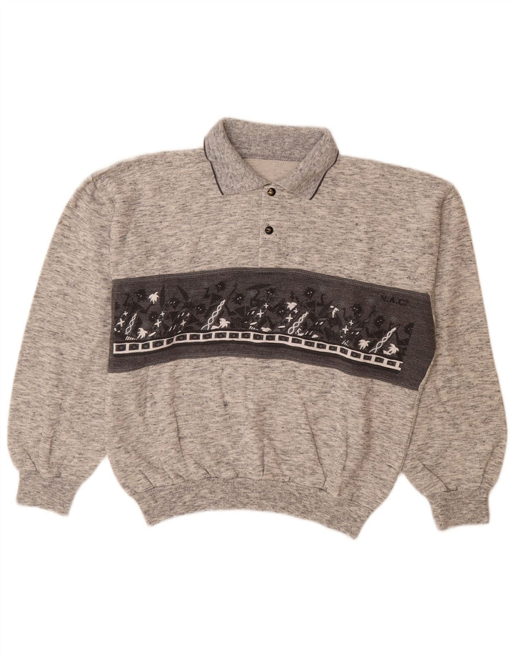 Vintage Herren-Sweatshirt mit grafischem Polo-Ausschnitt, groß, grau gefleckt